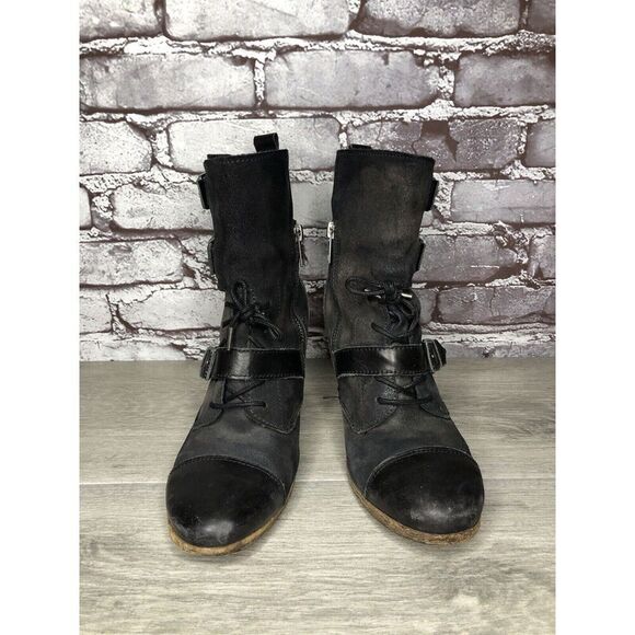 AllSaints Spitalfields Jacks Place Black Leather Zip Heel Strap Boots Women 38EU - Picture 1 of 16